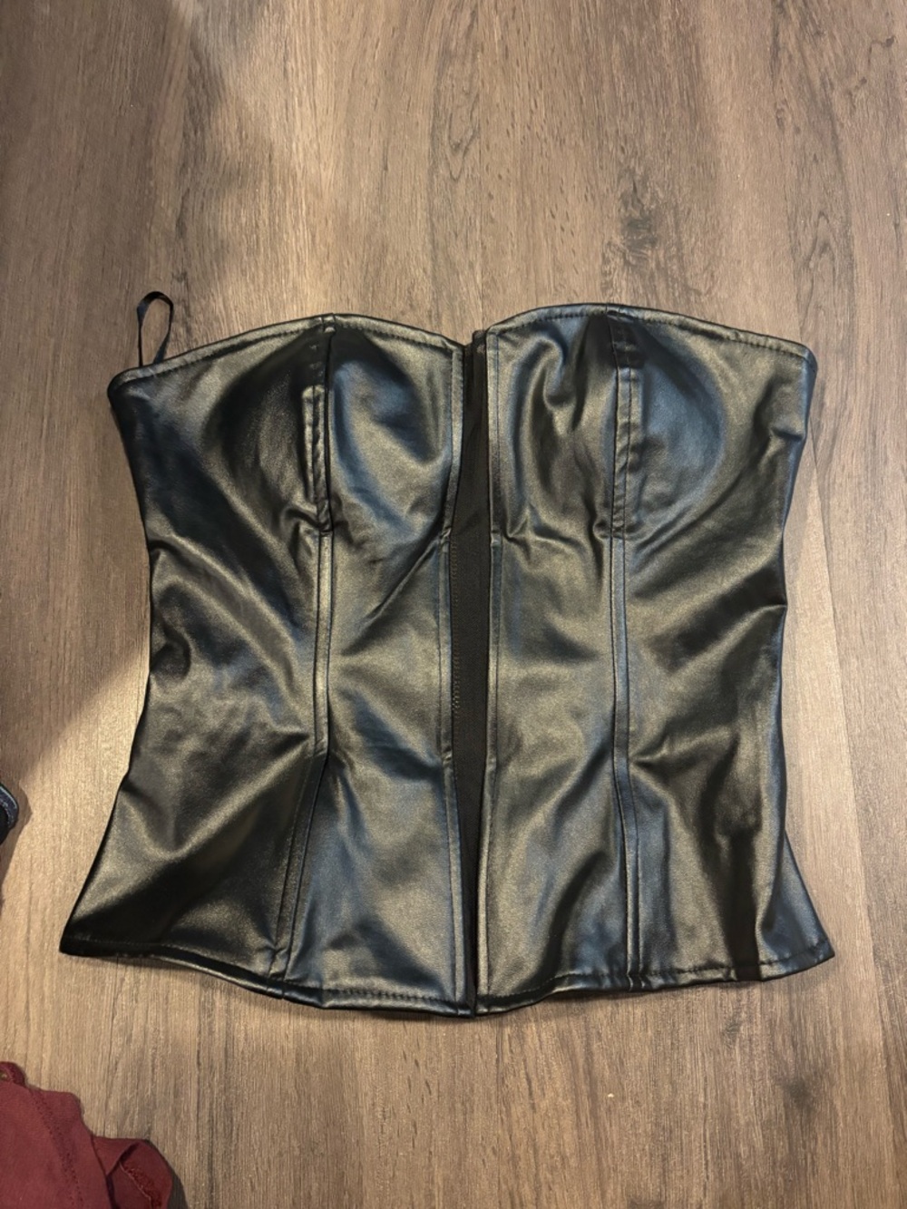 Charlotte Russe Black Faux Leather Strapless Corset Top with Zipper